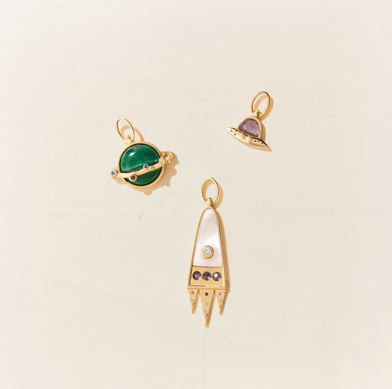 meet me moonside spaceship charm - 10k yellow gold, mother of pearl, sapphires