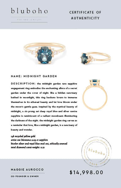 midnight garden one-of-a-kind - 14k yellow gold ring, blue sapphire AC certificate