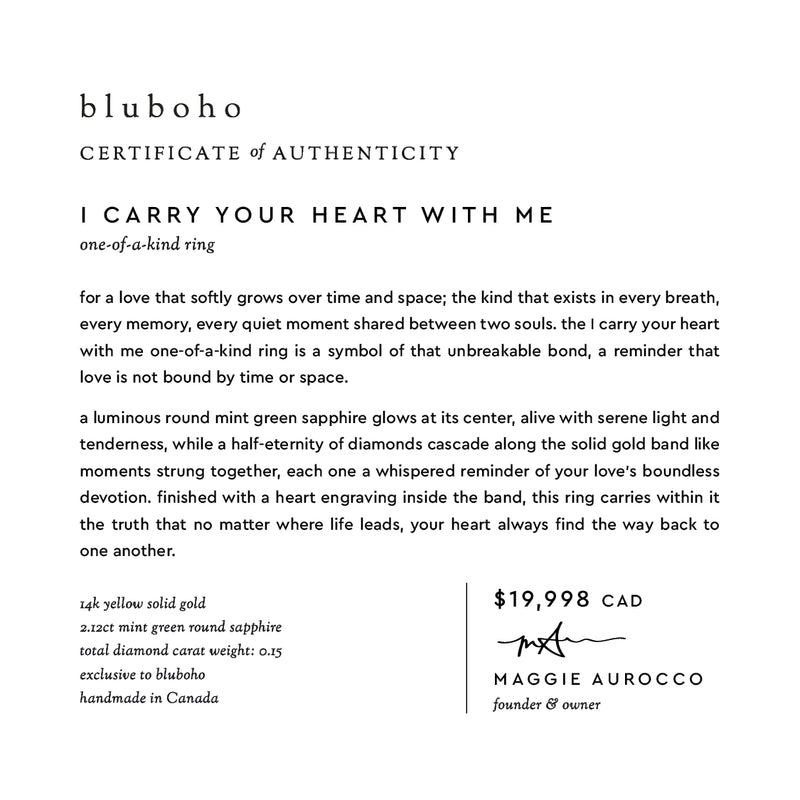 i carry your heart with me one-of-a-kind ring - 14k yellow gold, round sapphire, diamonds