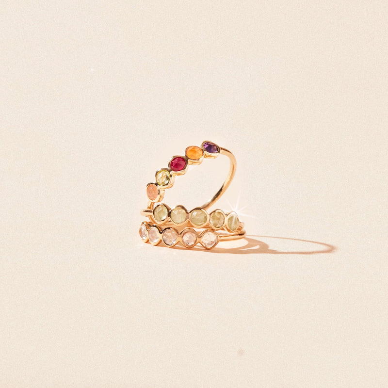 summer sunset five stone mood ring - 14k yellow gold, peach moonstone, peridot, ruby, carnelian, amethyst