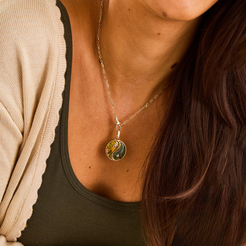 sun and earth yin yang charm - 10k yellow gold, bumblebee jasper, moss agate, diamonds