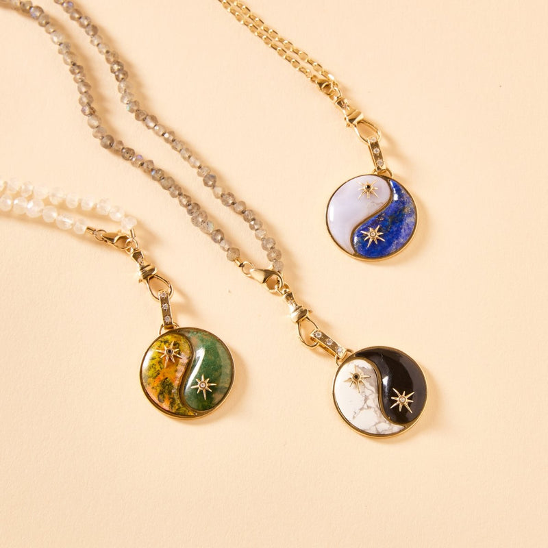 sun and earth yin yang charm - 10k yellow gold, bumblebee jasper, moss agate, diamonds