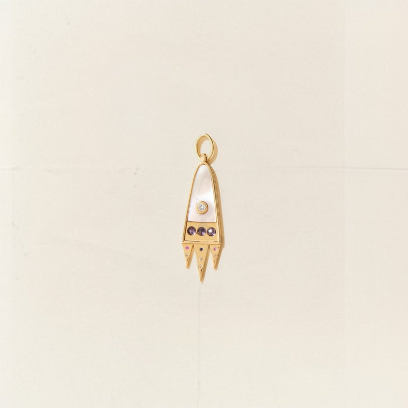meet me moonside spaceship charm - 10k yellow gold, mother of pearl, sapphires