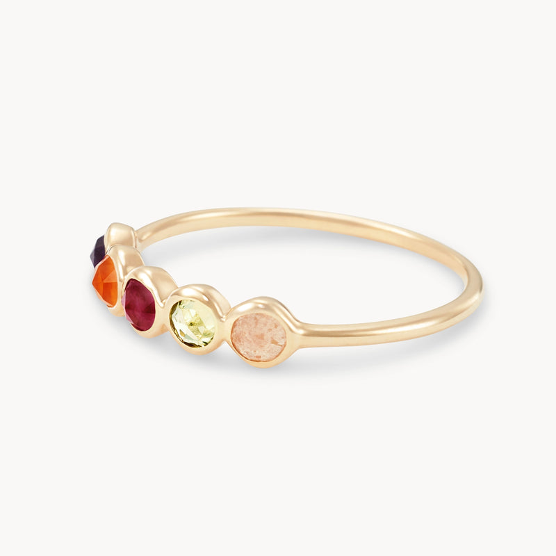 summer sunset five stone mood ring - 14k yellow gold, peach moonstone, peridot, ruby, carnelian, amethyst