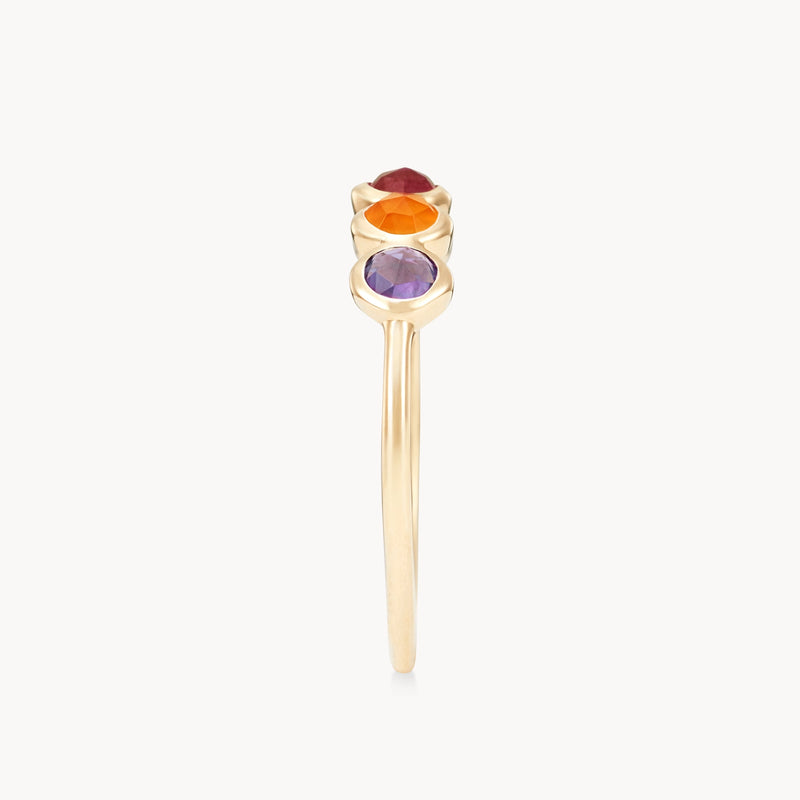 summer sunset five stone mood ring - 14k yellow gold, peach moonstone, peridot, ruby, carnelian, amethyst