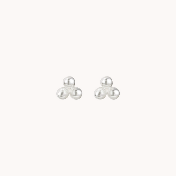 A pair of abacus tripod earrings in silver by bluboho, featuring three pearl-like beads arranged in a triangular formation on a white background.