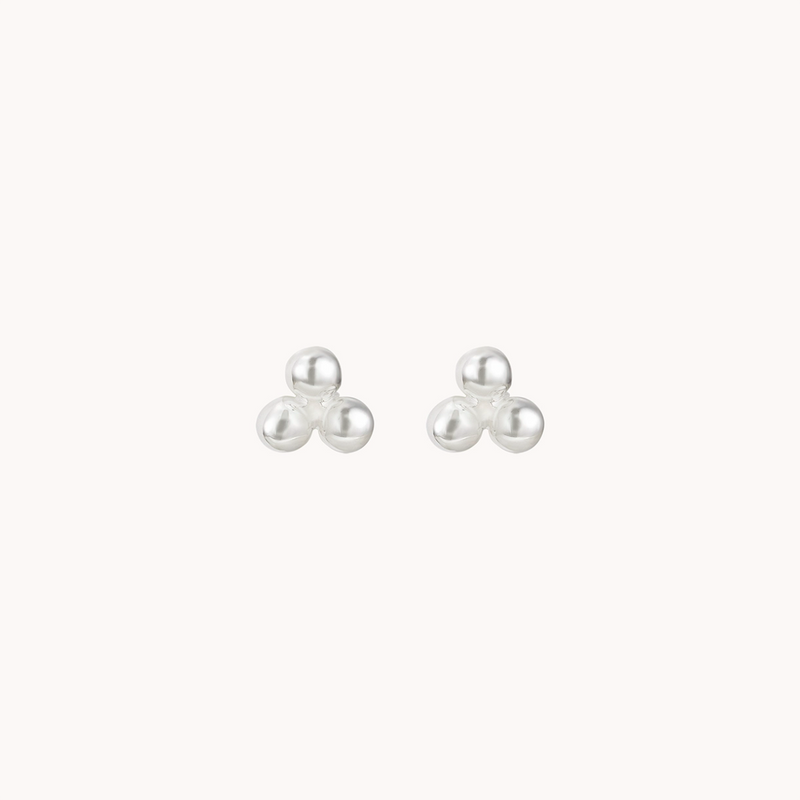 A pair of abacus tripod earrings in silver by bluboho, featuring three pearl-like beads arranged in a triangular formation on a white background.