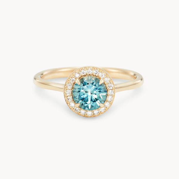 through time and space one-of-a-kind ring - 14k yellow gold, round Montana sapphire, diamonds