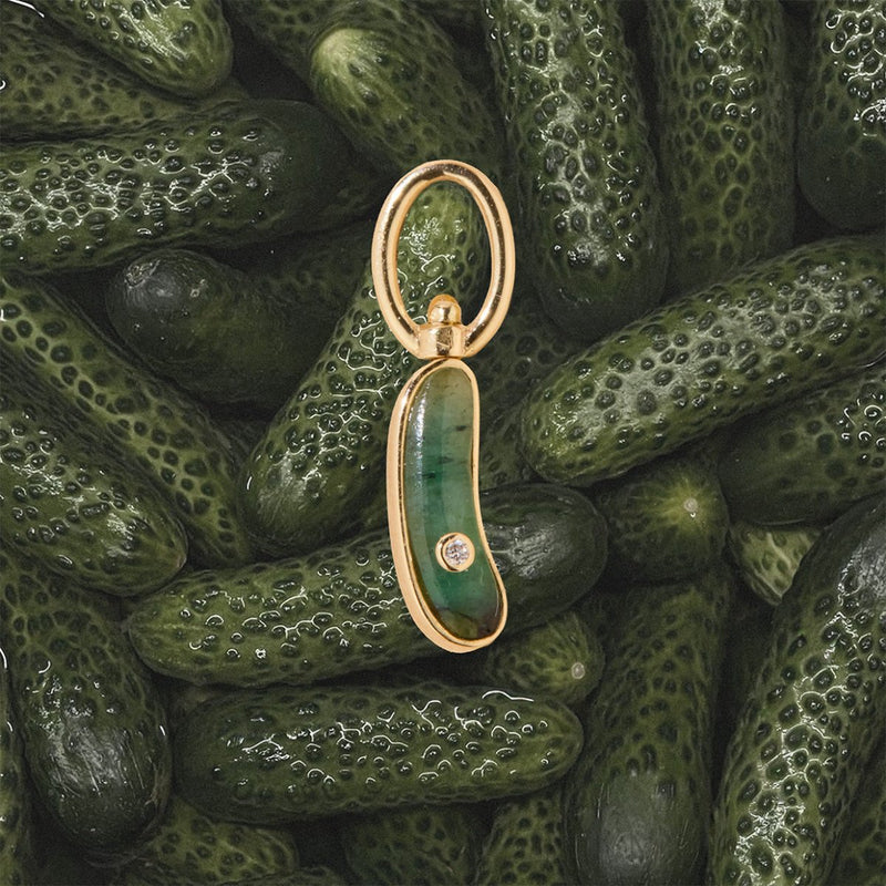 big dill energy lucky emerald pickle charm - 10k yellow gold, emerald gemstone, diamond