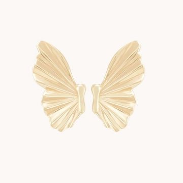 A pair of bluboho's Metamorphosis Butterfly Wing Earrings in 14k yellow gold, featuring a detailed, textured design against a plain white background. The wings are delicately crafted, showcasing fine lines and a slightly curved structure that lends them a realistic and elegant appearance.