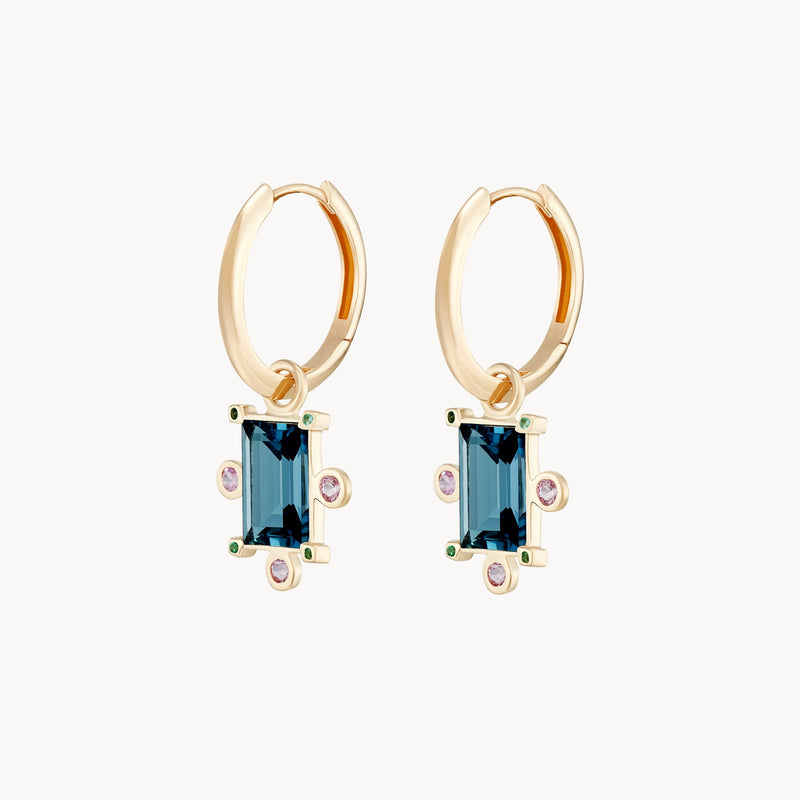 divine alignment london blue topaz earring charm - 10k yellow gold, london blue topaz, natural gemstones