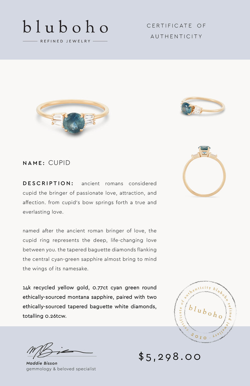 cupid one-of-a-kind - 14k yellow gold ring, round green sapphire, round seafoam green sapphire