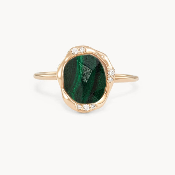 malachite diamond mood ring - 10k yellow gold, diamonds, malachite gemstone
