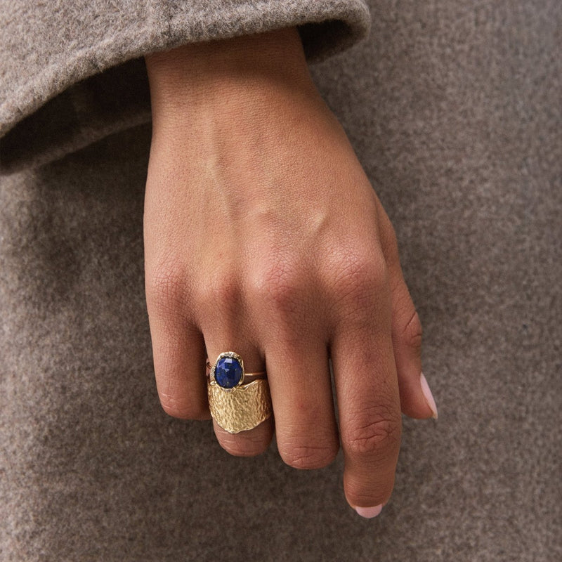 lapis diamond mood ring - 10k yellow gold, diamonds, lapis gemstone
