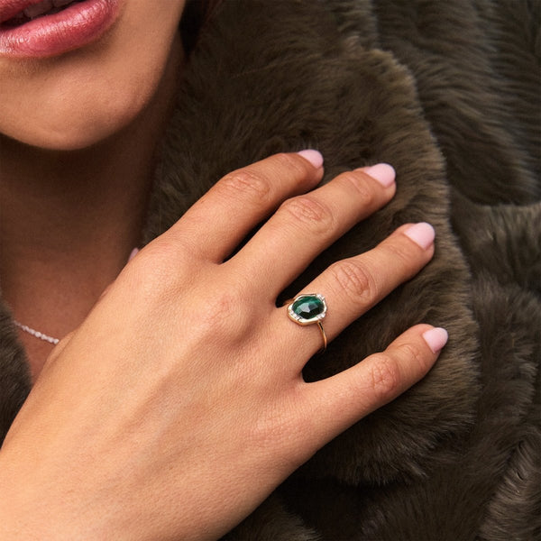 malachite diamond mood ring - 10k yellow gold, diamonds, malachite gemstone