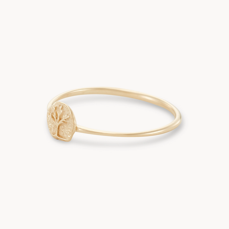 A close-up of the tiny tree of life ring from bluboho, crafted in 14k yellow gold, featuring a thin band and a small circular ornament with an embossed tree design in the center. The plain white background enhances the simplicity and elegance of the ring.