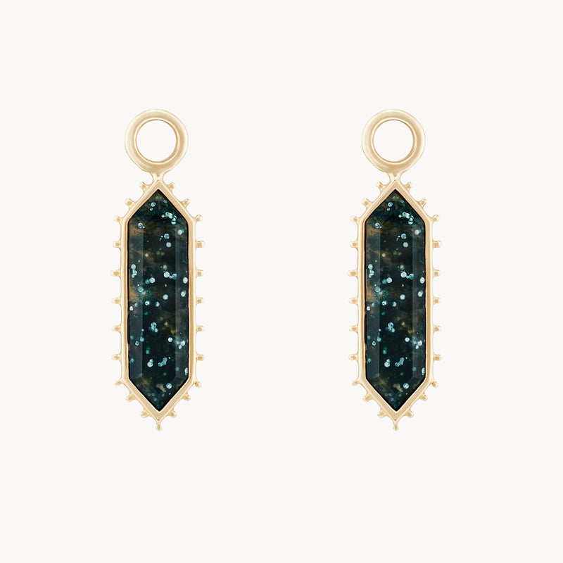 the goddess moss agate earring charm - 10k yellow gold, moss agate gemstone