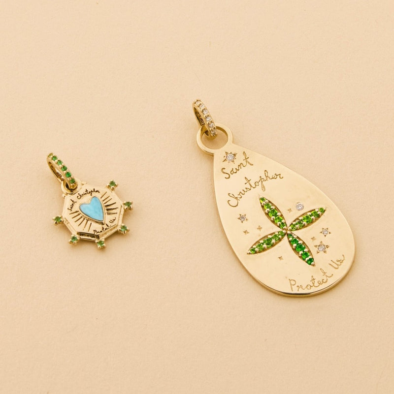St. Kitts heart charm - 10k yellow gold, larimar, emerald gemstones