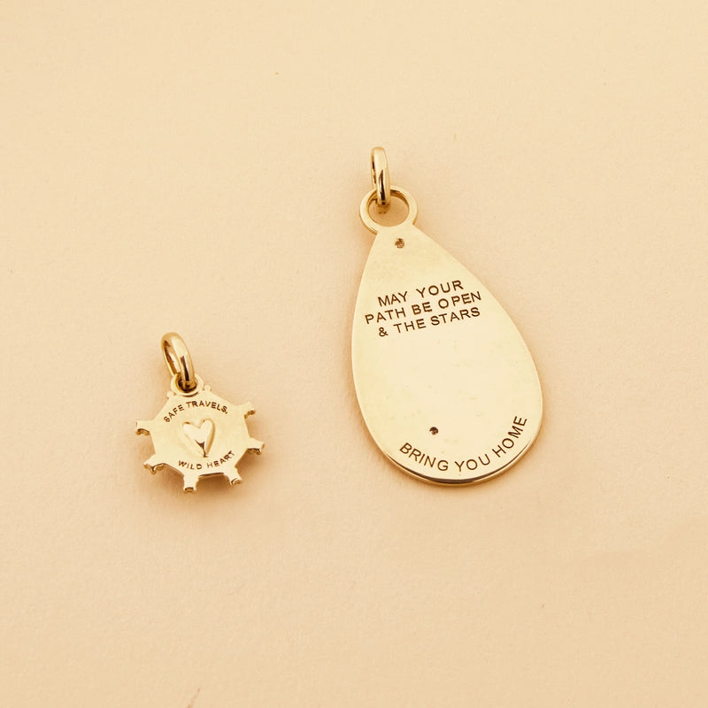 St. Kitts heart charm - 10k yellow gold, larimar, emerald gemstones