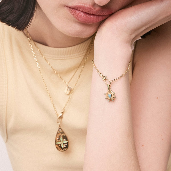 St. Kitts heart charm - 10k yellow gold, larimar, emerald gemstones