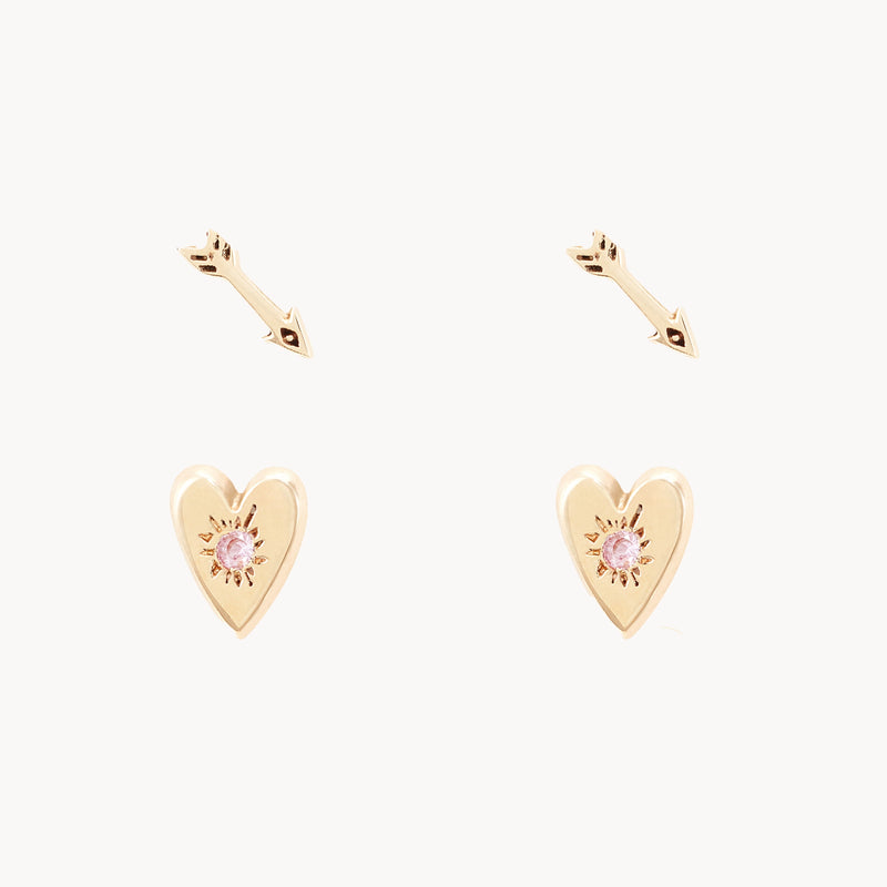 heart and arrow reversible flat back earrings - 14k yellow gold, pink sapphire