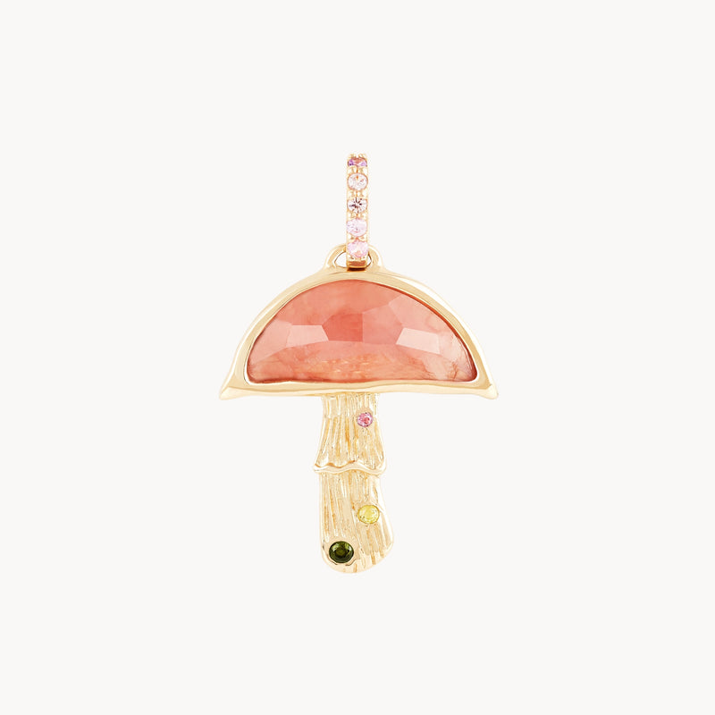 first blush mushroom charm - 10k yellow gold, rhodochrosite