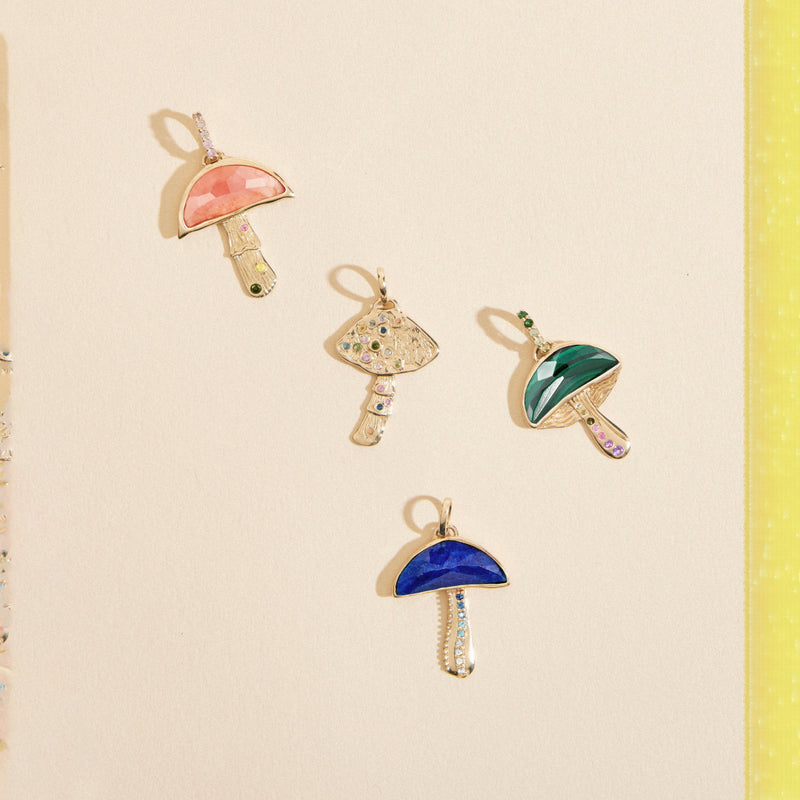 first blush mushroom charm - 10k yellow gold, rhodochrosite