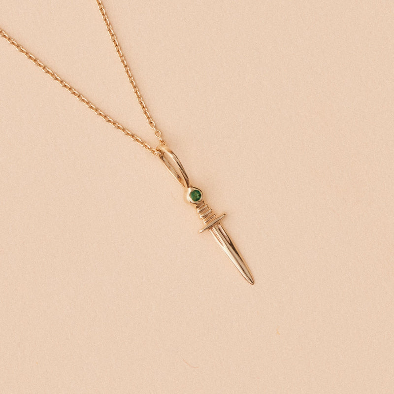 small dagger charm with emerald - 10k yellow gold, natural gemstones