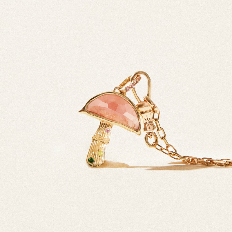 first blush mushroom charm - 10k yellow gold, rhodochrosite