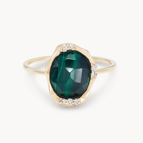 malachite diamond mood ring - 14k yellow gold, diamonds, malachite gemstone