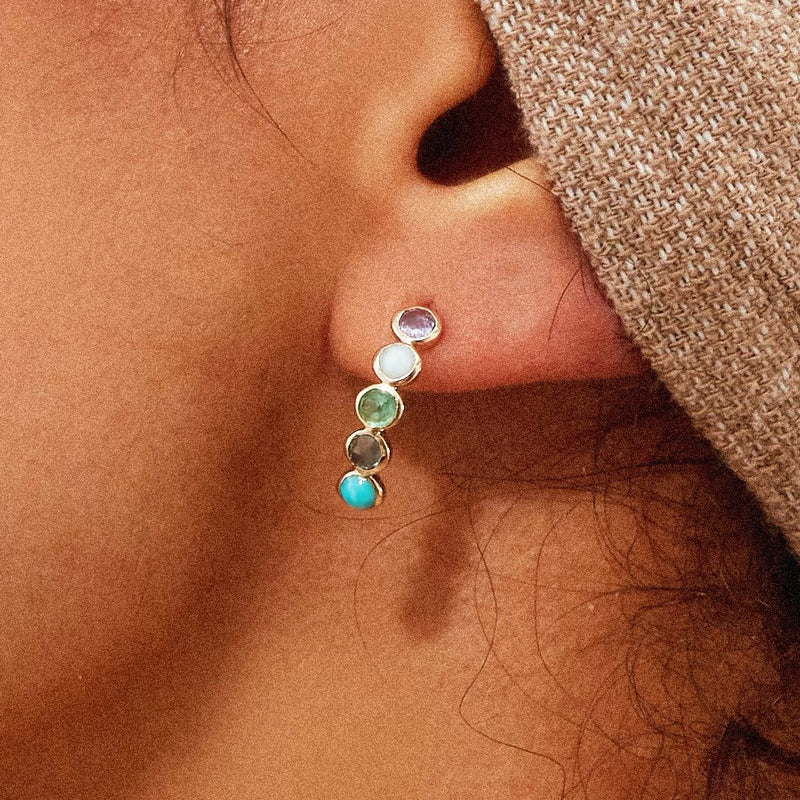 Close-up of a person’s ear wearing a unique earring featuring the coastal nomad five stone mood hoop - 14k yellow gold, tanzanite, larimar, emerald, london blue topaz, turquoise by bluboho. The stones, in descending order, are purple (tanzanite), white (larimar), green (emerald), and turquoise (london blue topaz). The individual is also wearing a textured, light-colored fabric head covering.