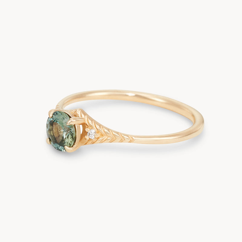 enchanting gaze one-of-a-kind ring - 14k yellow gold ring, bi-colored cyan and sage round cut sapphire