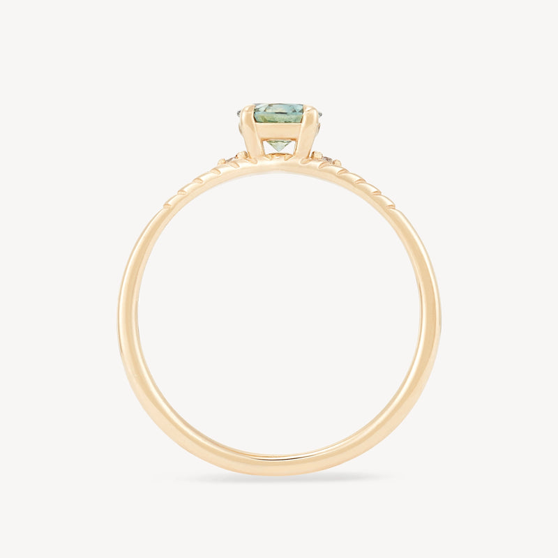 enchanting gaze one-of-a-kind ring - 14k yellow gold ring, bi-colored cyan and sage round cut sapphire