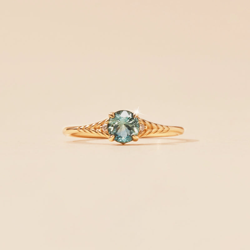 enchanting gaze one-of-a-kind ring - 14k yellow gold ring, bi-colored cyan and sage round cut sapphire