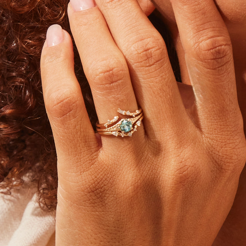 enchanting gaze one-of-a-kind ring - 14k yellow gold ring, bi-colored cyan and sage round cut sapphire