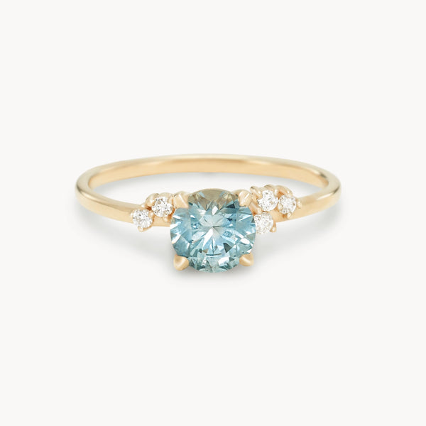 etched in us one-of-a-kind ring - 14k yellow gold, round sapphire, diamonds