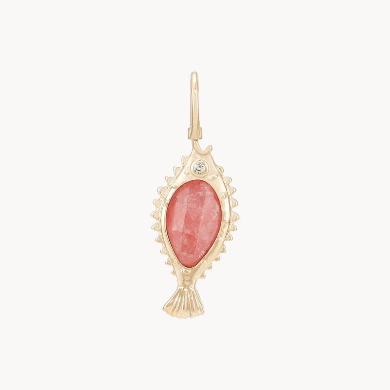 poisson de liberté rhodochrosite fish charm - 10k yellow gold, rhodochrosite, ruby, diamond
