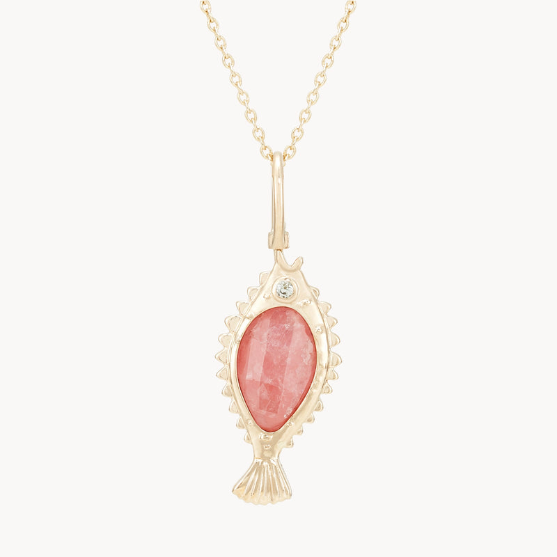 poisson de liberté rhodochrosite fish charm - 10k yellow gold, rhodochrosite, ruby, diamond