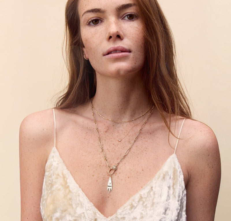 meet me moonside spaceship charm - 10k yellow gold, mother of pearl, sapphires