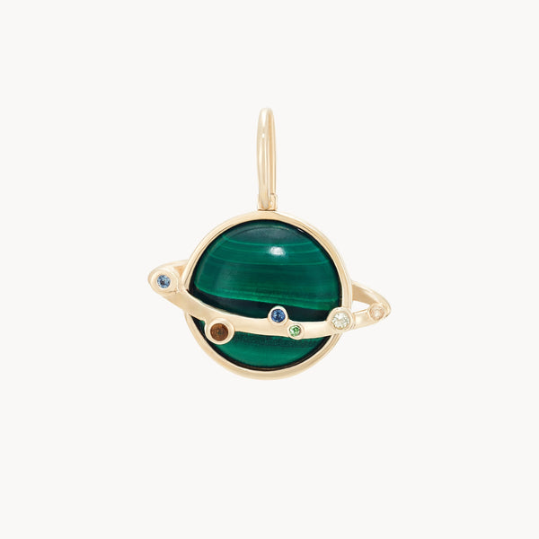 orbit of love malachite planet charm - 10k yellow gold, malachite, sapphires