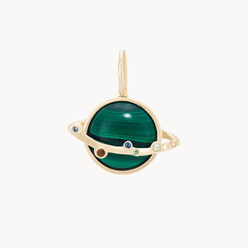 orbit of love malachite planet charm - 10k yellow gold, malachite, sapphires