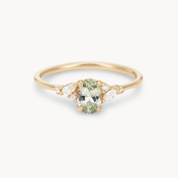 love's reverie one-of-a-kind ring - 14k yellow gold ring, celadon oval cut sapphire