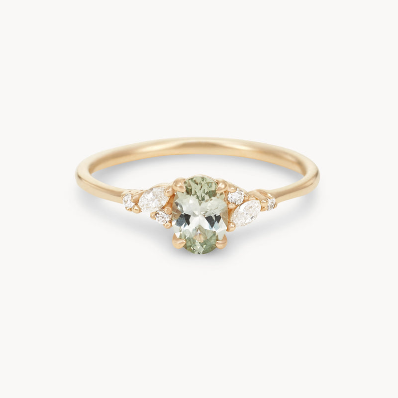 love's reverie one-of-a-kind ring - 14k yellow gold ring, celadon oval cut sapphire