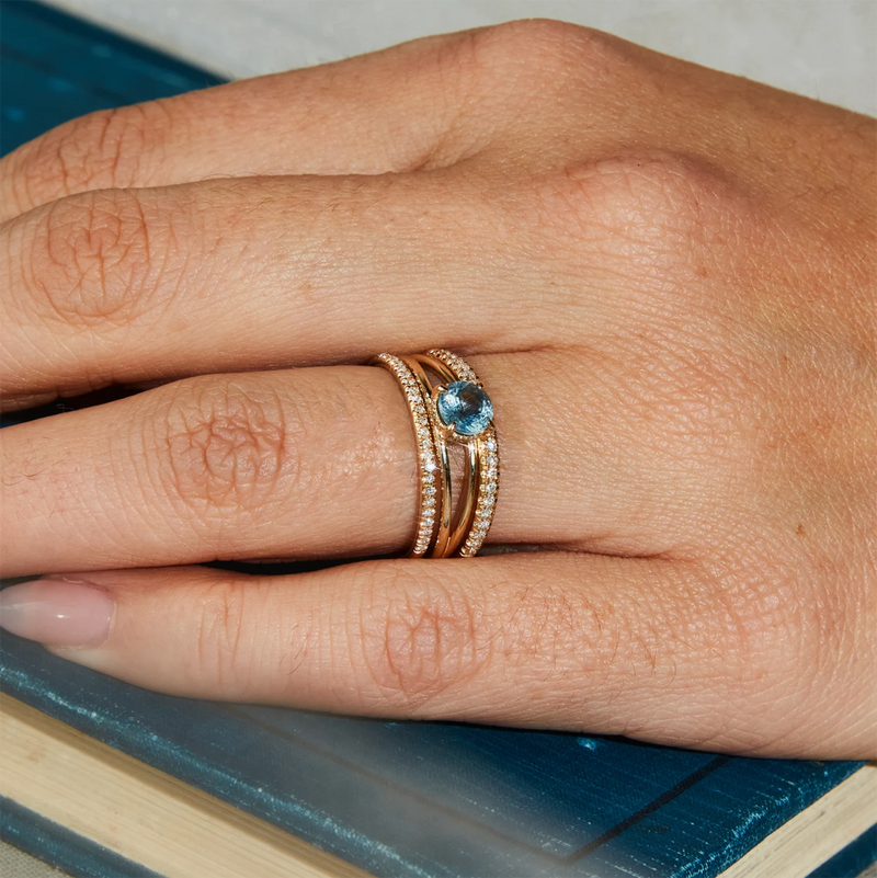 one of a kind, round blue sapphire engagement ring, 14k yellow gold double band, hidden halo in person
