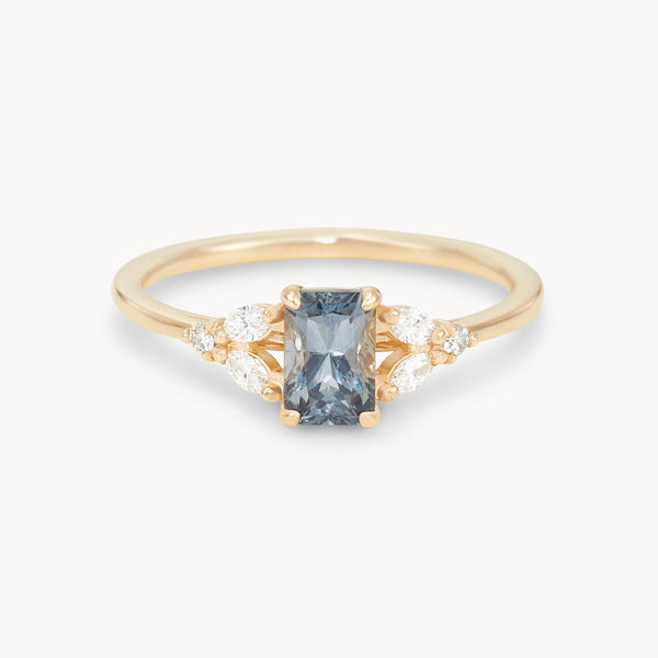 mystic flame one-of-a-kind ring - 14k yellow gold ring, amalfi blue rectangle cut sapphire