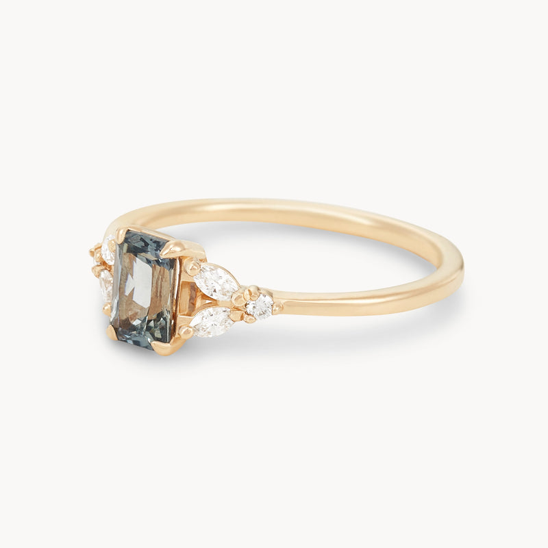 mystic flame one-of-a-kind ring - 14k yellow gold ring, amalfi blue rectangle cut sapphire