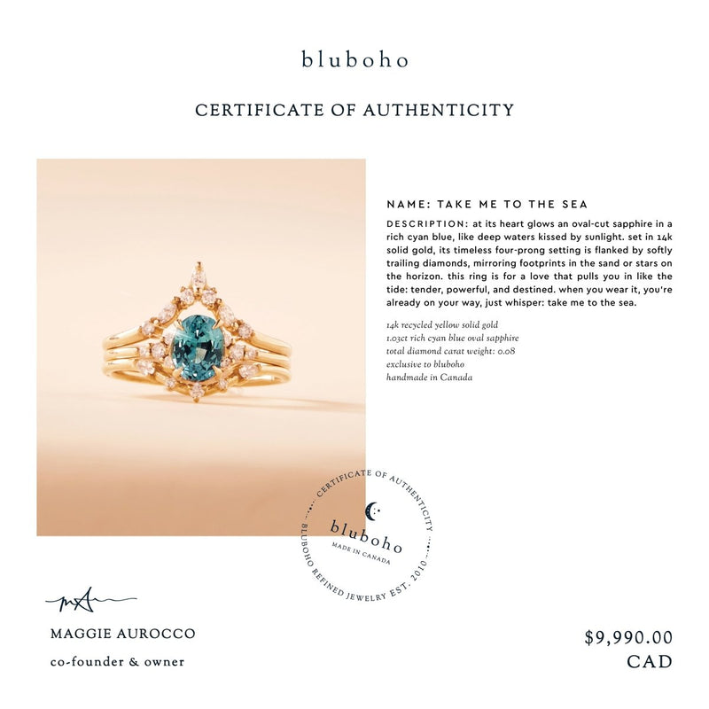 take me to the sea one-of-a-kind ring - 14k yellow gold, oval sapphire, diamonds
