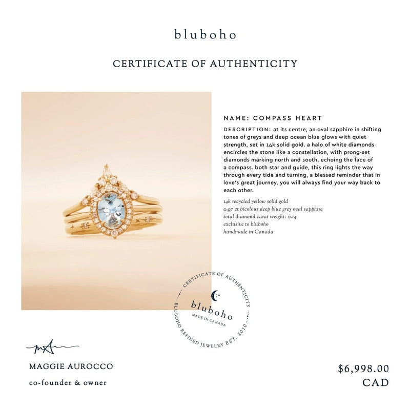 compass heart one-of-a-kind ring - 14k yellow gold, oval sapphire, diamonds