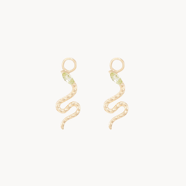 revival snake green tourmaline earring charm - 10k yellow gold, natural green tourmaline gemstone