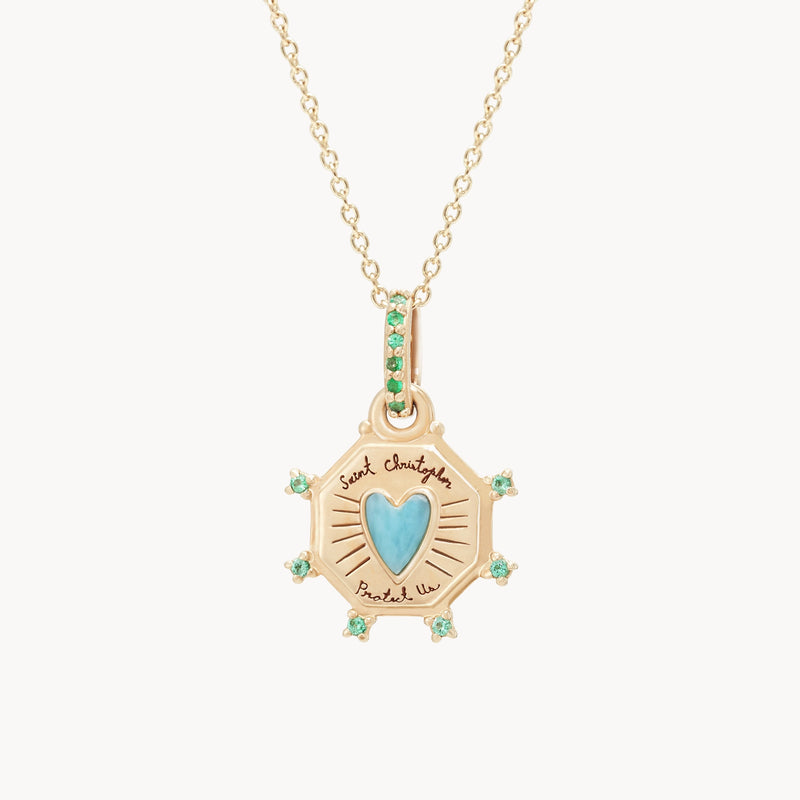 St. Kitts heart charm - 10k yellow gold, larimar, emerald gemstones
